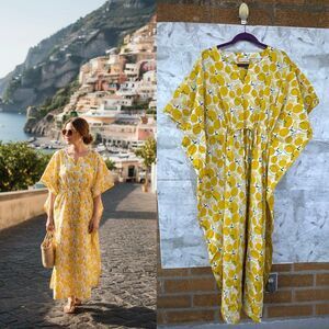 Mahogany Limon Kaftan Dress - 100% Cotton Lemon Print Maxi - Mediterranean Summe